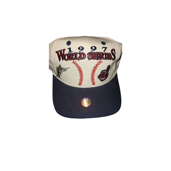 VINTAGE DEADSTOCK LOGO 7 MLB 1997 WORLD SERIES MARLINS INDIANS SNAPBACK HAT - Picture 1 of 6